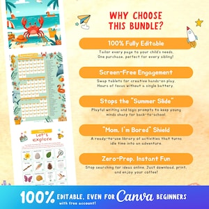 May include: A colorful educational bundle with summer-themed illustrations, including a crab on a beach, sea creatures, and activity sheets. Text includes "Why Choose This Bundle?" and "100% Editable. Even for Canva Beginners."