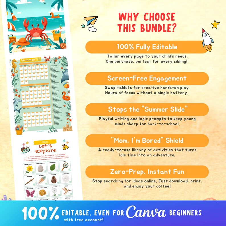 May include: A colorful educational bundle with summer-themed illustrations, including a crab on a beach, sea creatures, and activity sheets. Text includes "Why Choose This Bundle?" and "100% Editable. Even for Canva Beginners."