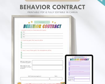 Contrato de comportamiento infantil imprimible, acuerdo de comportamiento entre padres e hijos, gestión del comportamiento, incentivos de comportamiento, objetivos de comportamiento, plantilla de Canva