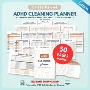 Bewerkbare ADHD-reinigingschecklist, dagelijks wekelijks schoonmaakschema, schoonmaakplanner voor thuis, grafiek voor volwassen taken, opruimuitdaging, Canva
