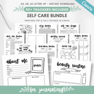 May include: A printable self-care bundle with 50+ trackers for journaling. The bundle includes trackers for sleep, medication, beauty routine, skin care, weekly review, dream log, and more. The trackers are black and white and have a minimalist design.