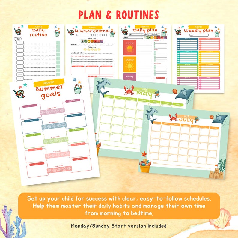 May include: A collection of colorful, illustrated planners and calendars with a summer theme. The planners include daily routines, summer journals, and weekly plans. Calendars for May and July are also visible, with illustrations of sharks, crabs, and sandcastles.