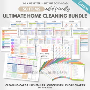 ADHD cleaning planner bundle - cleaning checklist, cleaning schedule, cleaning card, family chore chart, declutter challenge |Canva editable