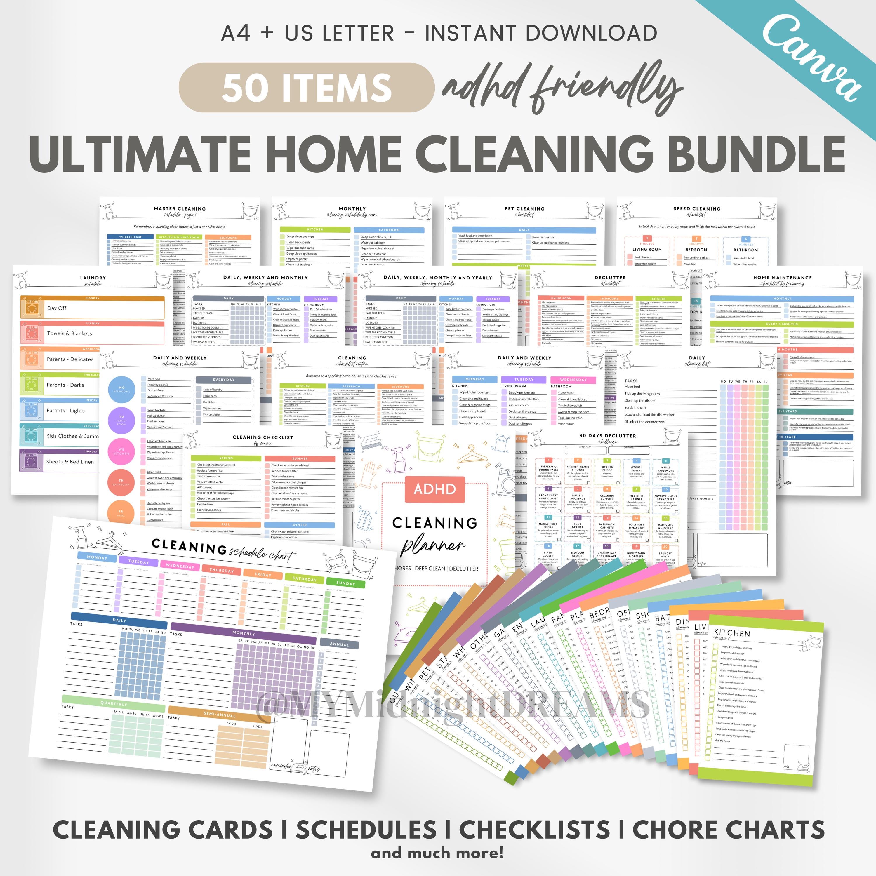 ADHD cleaning planner bundle - cleaning checklist, cleaning schedule, cleaning card, family chore chart, declutter challenge |Canva editable