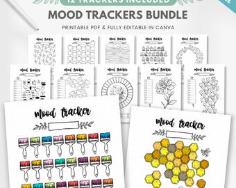 May include: A set of 12 printable mood tracker templates for journaling. The templates feature various designs, including paintbrushes, honeycombs, and flowers. The text "Mood Trackers Bundle" and "12 Trackers Included" is visible at the top of the image. The text "Printable PDF & Fully Editable in Canva" is also visible.
