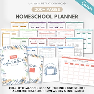 May include: A homeschool planner with various pages for organization, including weekly overviews, schedules, and homework planners. The cover features the words "Home Education Planner" with illustrations of pencils and pens. The planner includes over 200 pages.