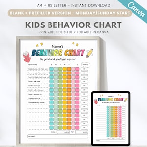 Grafico comportamentale modificabile per bambini, tracker di gestione del comportamento per bambini piccoli, grafico delle ricompense stampabile, lista di controllo per bambini, modello Canvas, PDF