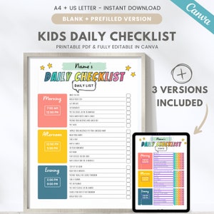 Editable kids daily routine, printable daily checklist for children, responsibility chart, kids chore chart, Canva template
