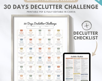 Printable 30 days declutter challenge, editable declutter checklist, digital declutter, home cleaning planner, Canva template