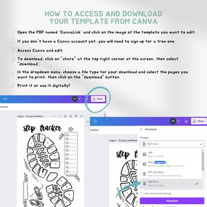 May include: A screenshot of a Canva design template showing instructions on how to download a printable step tracker. The template features a black and white illustration of a shoe with numbers around the sole. The download options include PDF Print, JPG, PNG, and PDF Standard.