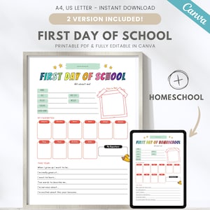 May include: Printable first day of school worksheet with a colorful design. The worksheet includes sections for name, age, height, weight, favorite subject, favorite TV show, favorite food, favorite animal, favorite color, and more. There is also a section for a photo and a signature. The worksheet is available in two versions: one for school and one for homeschool.