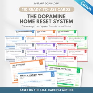 May include: A collection of 110 ready-to-use cards titled "The Dopamine Home Reset System." The cards, in various colors, offer strategic guidance for home organization. The image includes text such as "Kitchen Vertical Reset" and "Dishwasher Deep Detox."