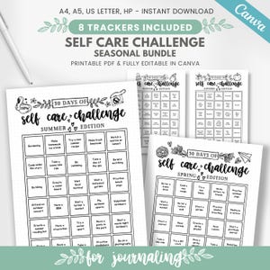 Self care challenge, 30 days of self care, seasonal self care challenge bundle, seasonal self care activities, editable journal template