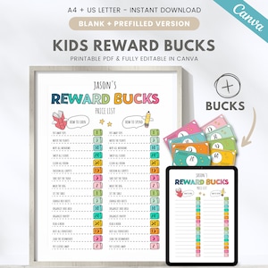 Editable kids reward bucks, mom bucks, kids chore chart, pretend money, play money, reward system, canva template, printable PDF