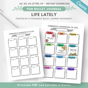 May include: Printable bullet journal page with a black and white grid and a section titled "Currently Happening in Life". The page is divided into 18 squares with space for writing. The squares are decorated with hand-drawn leaves and a paw print.