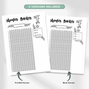 May include: A printable shower tracker with two versions: a prefilled version with a shower icon, a crown, and the words "Hair Care" and a blank version with the same shower icon and crown. Both versions have a calendar grid with the months January through December and the days 1 through 31.