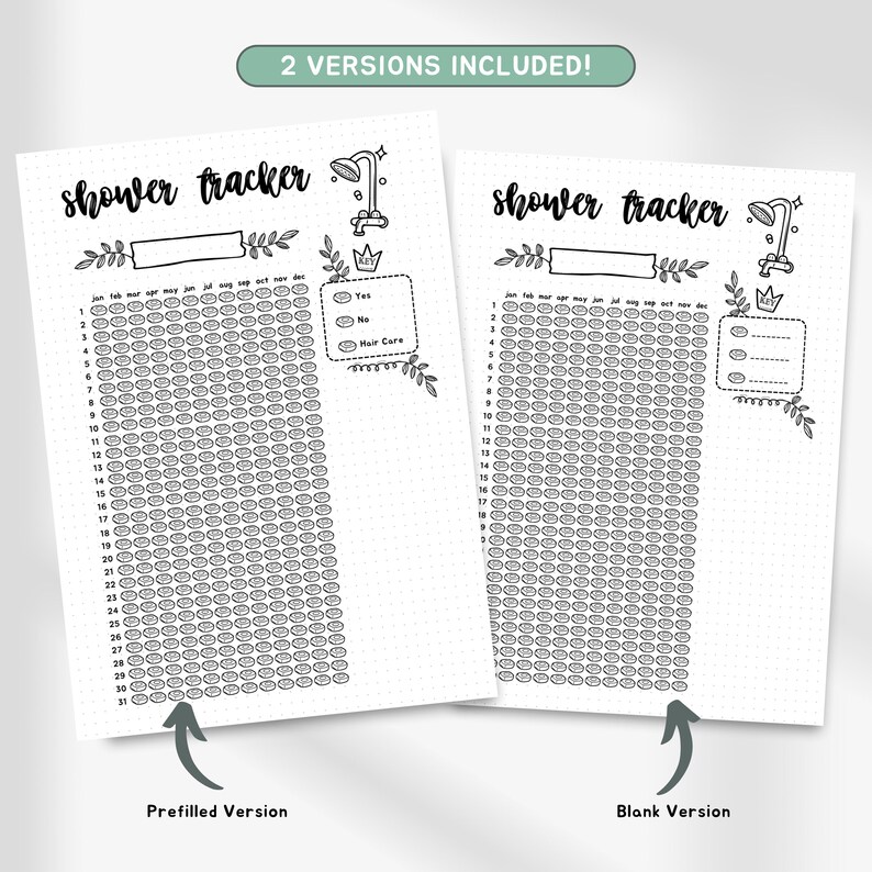 May include: A printable shower tracker with two versions: a prefilled version with a shower icon, a crown, and the words "Hair Care" and a blank version with the same shower icon and crown. Both versions have a calendar grid with the months January through December and the days 1 through 31.