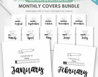 12 monatliche Deckblätter, vorgefertigte Titelseiten für Bullet Style Journal, lustige Coverseiten für den Monat, bearbeitbare Journalvorlage