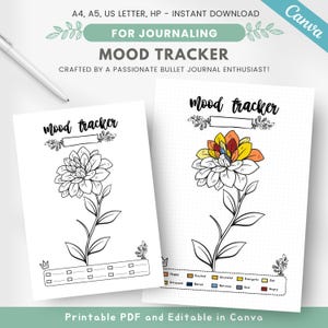 Op de afbeelding: Printbare mood tracker met een bloemendesign. De tracker heeft een raster met vakjes voor elke dag van de maand en een kleurencode voor verschillende stemmingen, waaronder blij, opgewonden, dankbaar, energiek, zen, gestrest, verveeld, nerveus, verdrietig en boos.