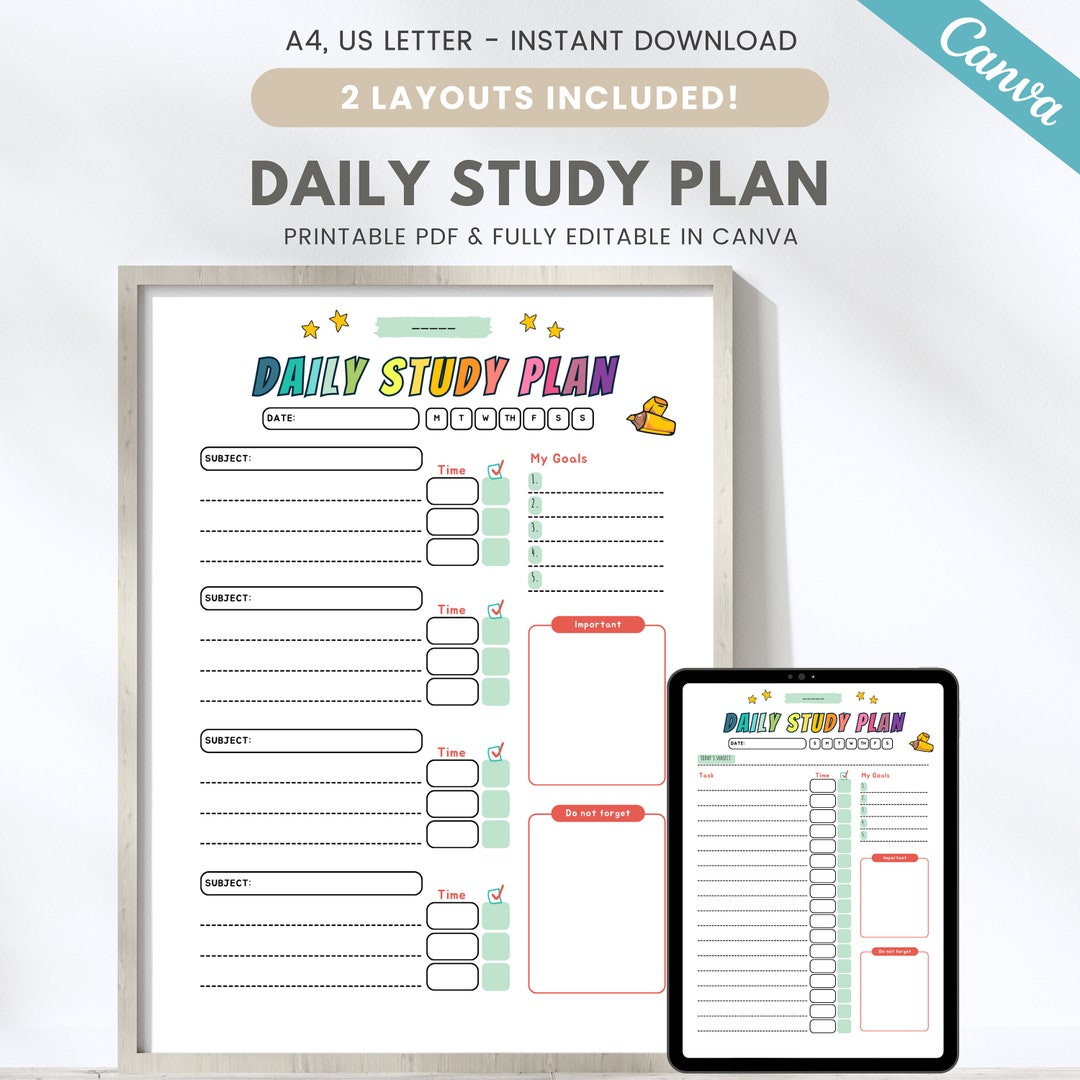 Editable Daily Study Plan for Kids, Daily Homework Planner, Kids Study ...