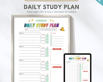 Editable daily study plan for kids, daily homework planner, kids study schedule, homeschool homework checklist, daily homework log