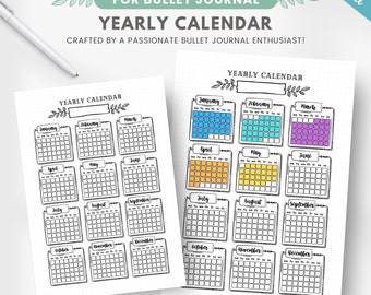 Printable undated blank yearly calendar, year at a glance planner, premade journal page, annual calendar, editable journal template