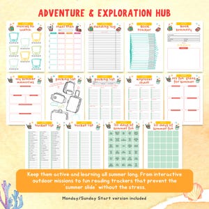 May include: A collection of printable summer activity pages with the title "Adventure & Exploration Hub." Pages include a movie tracker, meal plan, reading log, packing lists, and bucket lists. The text "30 days of summer fun" is also visible.