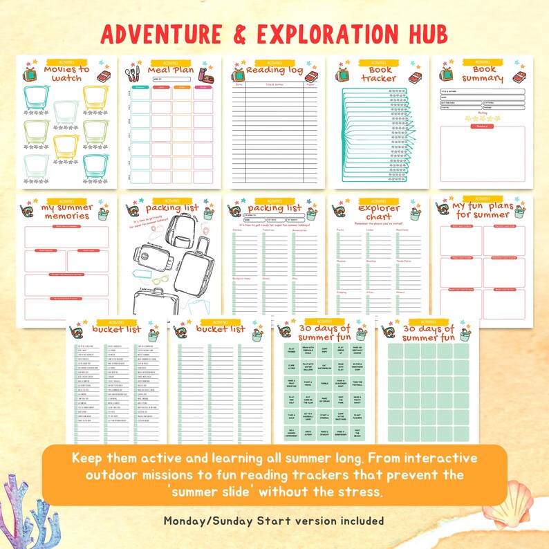 May include: A collection of printable summer activity pages with the title "Adventure & Exploration Hub." Pages include a movie tracker, meal plan, reading log, packing lists, and bucket lists. The text "30 days of summer fun" is also visible.