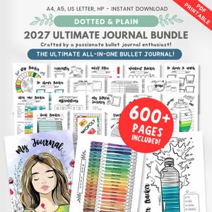 May include: A 2027 Ultimate Journal Bundle featuring over 600 printable pages in A4, A5, and US Letter sizes. The collection includes various trackers for habits, fitness, books, and reading, alongside a pen test sheet and a journal cover illustration.