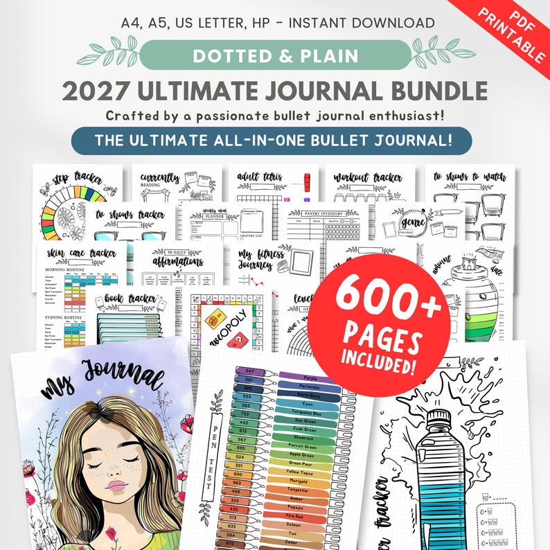 May include: A 2027 Ultimate Journal Bundle featuring over 600 printable pages in A4, A5, and US Letter sizes. The collection includes various trackers for habits, fitness, books, and reading, alongside a pen test sheet and a journal cover illustration.