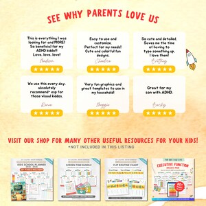 May include: A promotional image with text that reads "SEE WHY PARENTS LOVE US." The image features customer testimonials with five-star ratings and product images of kids' school planners, screen time bundles, and flip routine charts. The text also says "VISIT OUR SHOP FOR MANY OTHER USEFUL RESOURCES FOR YOUR KIDS!"