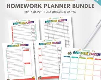 Printable homework tracker bundle, kids homework checklist, weekly homework planner, assignment tracker, daily study planner, canva template