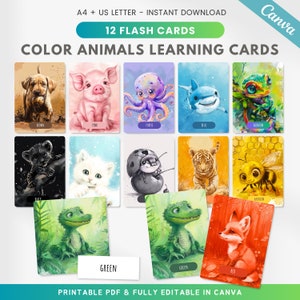 12 colors learning cards with animals, editable montessori flashcard, printable 3 part cards, pre-school learning tools, teaching materials