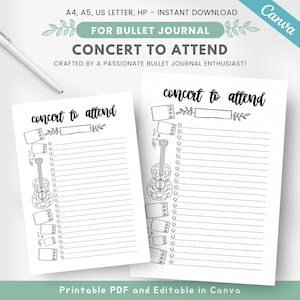 Konzert-Tracker, Konzertbesuch, Live-Konzertwunschliste, Gig-Tracker, druckbare Seite für Bullet-Journal, bearbeitbare Vorlage