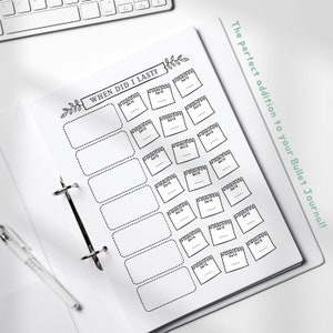 Peut inclure: Une page de planificateur imprimable en noir et blanc avec le titre "Quand ai-je fait cela pour la derni&egrave;re fois ?" et une s&eacute;rie de cases vides avec "Date" &eacute;crit sur de petites cases en forme de calendrier &agrave; c&ocirc;t&eacute; de chacune. La page est con&ccedil;ue pour &ecirc;tre utilis&eacute;e dans un bullet journal.