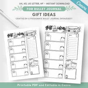 May include: Printable bullet journal page with a gift ideas theme. The page is divided into sections for listing gift ideas, prices, and notes. The page includes a festive Christmas theme with illustrations of presents, ornaments, and a cupcake.