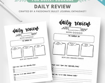 Puede incluir: Páginas de diario imprimibles para la revisión diaria del bullet journal. Las páginas incluyen una escala de calificación, espacio para escribir por lo que estás agradecido, afirmaciones diarias, la mejor parte del día, lecciones aprendidas, cómo te sientes, qué podrías haber hecho de manera diferente y qué puedes hacer para mejorar mañana.