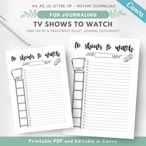 Editable tv series watchlist, series to watch, tv series tracker journal page, Tv show reminder list, printable shows watched planner insert