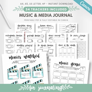Puede incluir: Un diario imprimible de música y medios con 34 rastreadores, incluidos rastreadores de películas, programas de televisión y videojuegos. El diario incluye páginas para reseñas de películas, listas de reproducción mensuales y un desafío de género de películas. El diseño es en blanco y negro con detalles en verde azulado.
