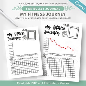 Jaarlijkse grafiek met gewichtstracker, logboek met lichaamsmetingen, mijn fitnessreis, voor en na lichaamstransformatie, bewerkbaar dagboeksjabloon