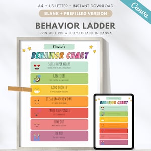 Editable kids behavior chart, printable children behavior ladder, classroom behavior chart, smiley face good behavior chart, Canva template