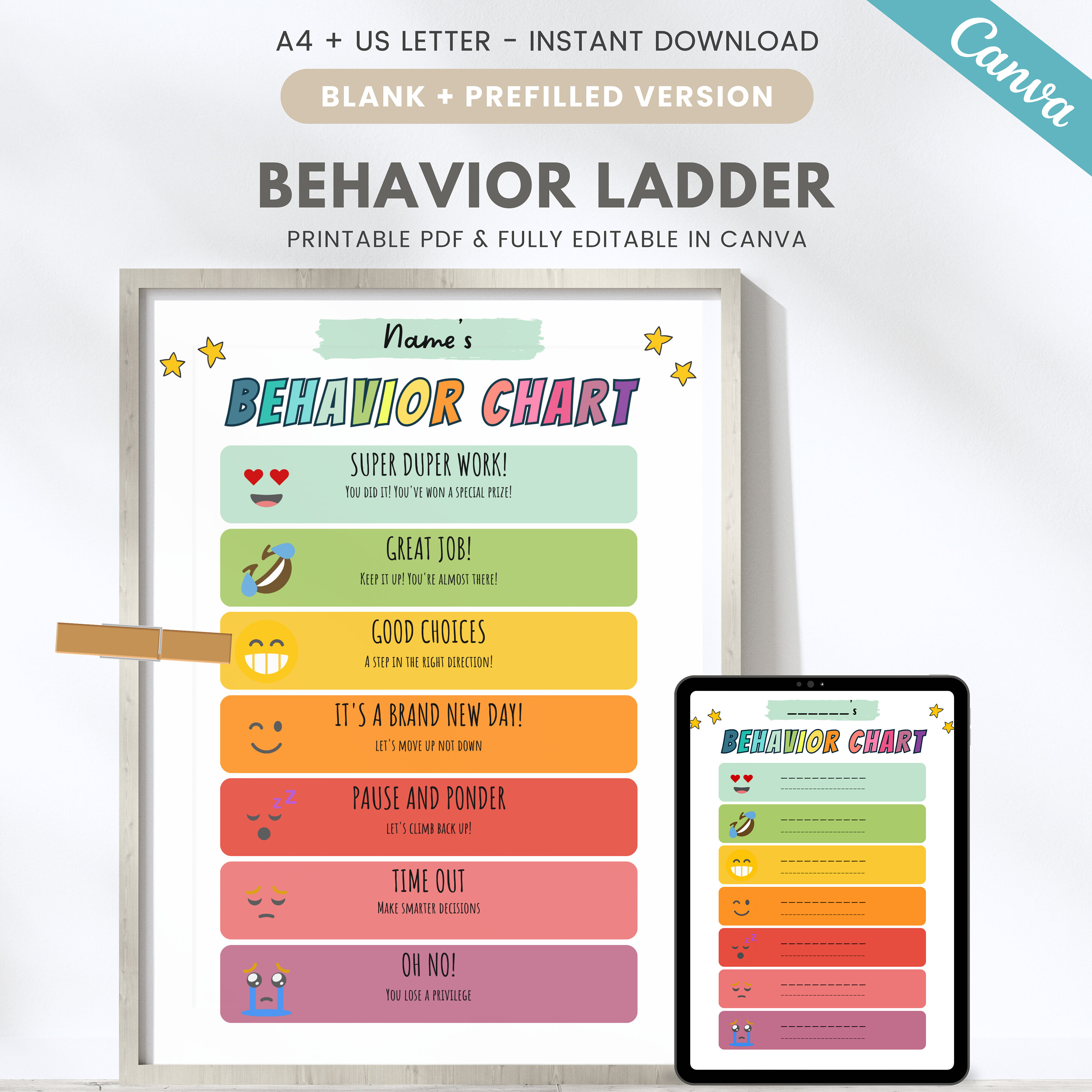 Editable kids behavior chart, printable children behavior ladder, classroom behavior chart, smiley face good behavior chart, Canva template