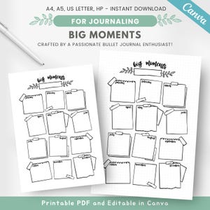 May include: Printable planner page with a dotted grid background. The page is divided into 12 sections, one for each month of the year. Each section has a space for writing down big moments. The title of the page is "Big Moments".