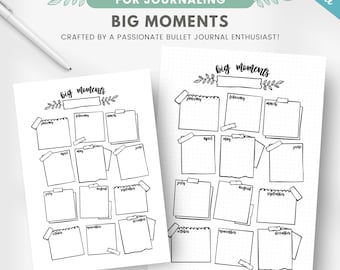 May include: Printable planner page with a dotted grid background. The page is divided into 12 sections, one for each month of the year. Each section has a space for writing down big moments. The title of the page is "Big Moments".