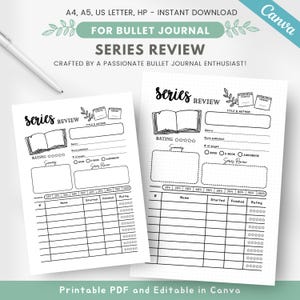 May include: Printable series review tracker for bullet journaling. The tracker has a title and author section, a rating section, and a progress tracker. The tracker is designed to be used for tracking the progress of reading a series of books.