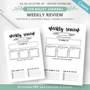 May include: Printable weekly review planner for bullet journaling. The planner includes sections for rating the week, listing things you are grateful for, accomplishments, lessons learned, happy moments, how you felt this week, negative thoughts to let go, and goals for the next week.