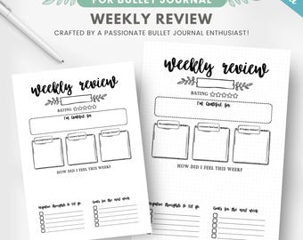 May include: Printable weekly review planner for bullet journaling. The planner includes sections for rating the week, listing things you are grateful for, accomplishments, lessons learned, happy moments, how you felt this week, negative thoughts to let go, and goals for the next week.