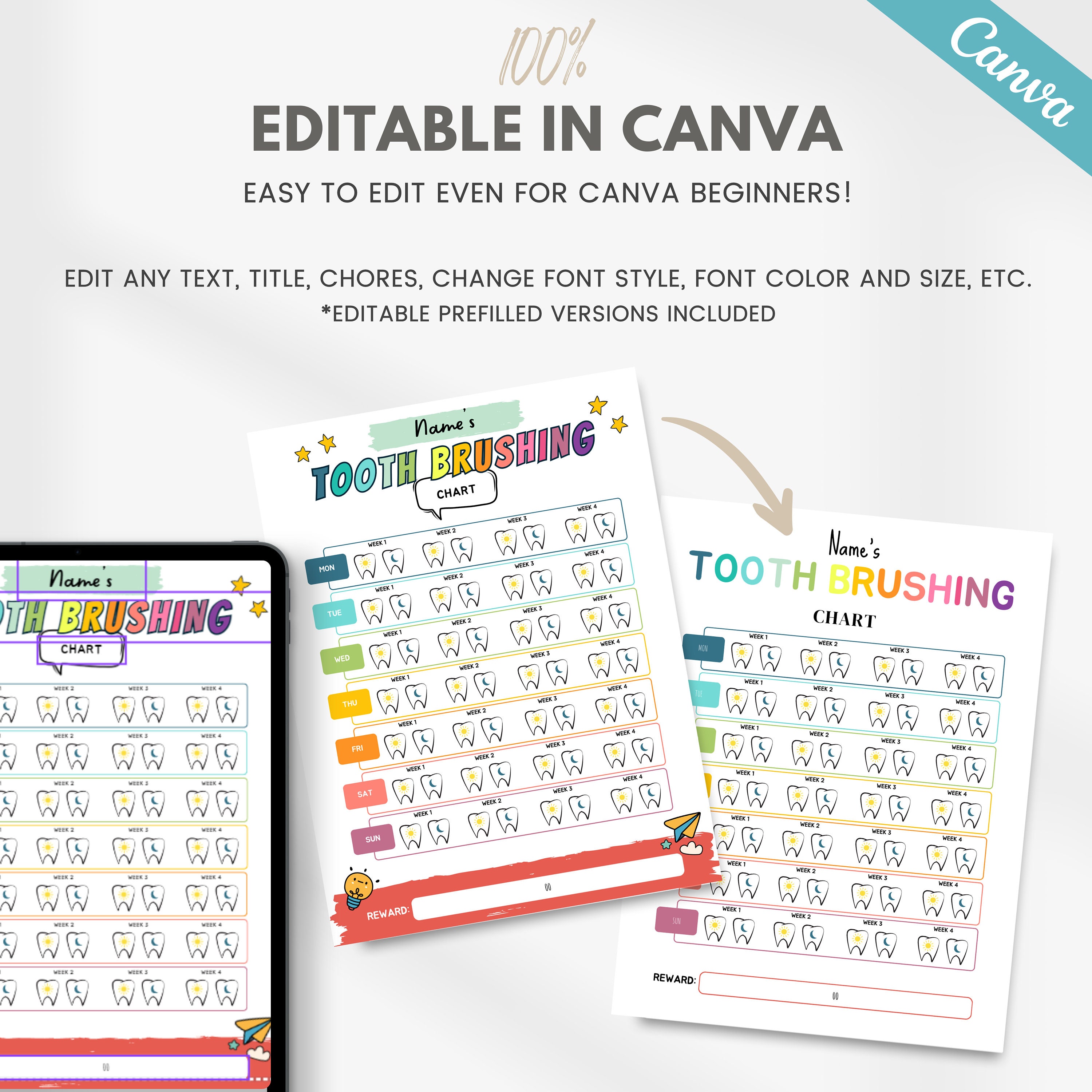 Editable Tooth Brushing Chart, Toddler Teeth Brushing Reminder, Clean ...