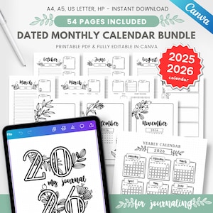 2026 kalenderbundel voor bullet journal, 2026 maandelijkse plannerspread, 2026 gedateerde kalenderbijlage, maand in één oogopslag, bewerkbare bujo-sjabloon