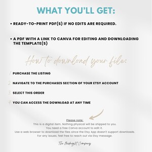 May include: A white background with black text explaining how to download a digital product purchased on Etsy. The text includes the steps: Purchase the listing, Navigate to the purchases section of your Etsy account, Select this order, You can access the download at any time. The text also includes a note that this is a digital item and nothing physical will be shipped. It also states that a free Canva account is needed to edit the digital product and that a web browser is needed to download the files because the Etsy app does not support downloads. The text ends with a message to contact the seller via Etsy message for any issues. The text is followed by the company name, The Midnight Company.